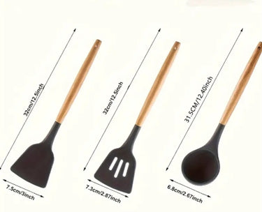 Set of kitchen utensils with dimensions labeled on a white background